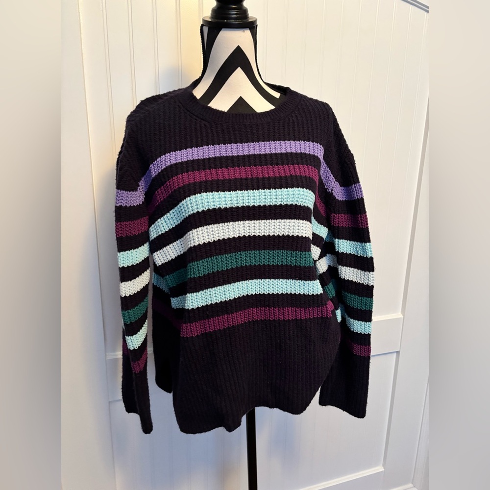 St. John's Bay Black Crewneck Sweater with Purple, Teal & White Stripes - Picture 1 of 4